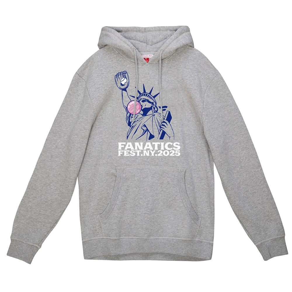 Men's Mitchell & Ness Heather Gray Fanatics Fest 2025 Bubble Gum Liberty Fleece Pullover Hoodie