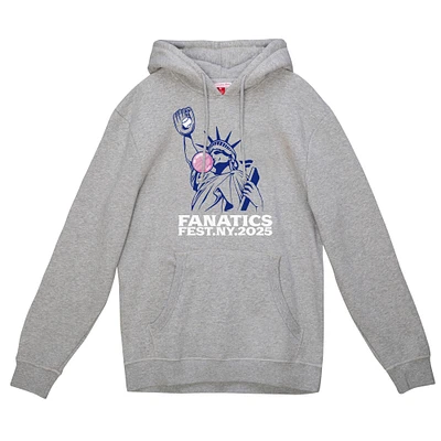 Men's Mitchell & Ness Heather Gray Fanatics Fest 2025 Bubble Gum Liberty Fleece Pullover Hoodie
