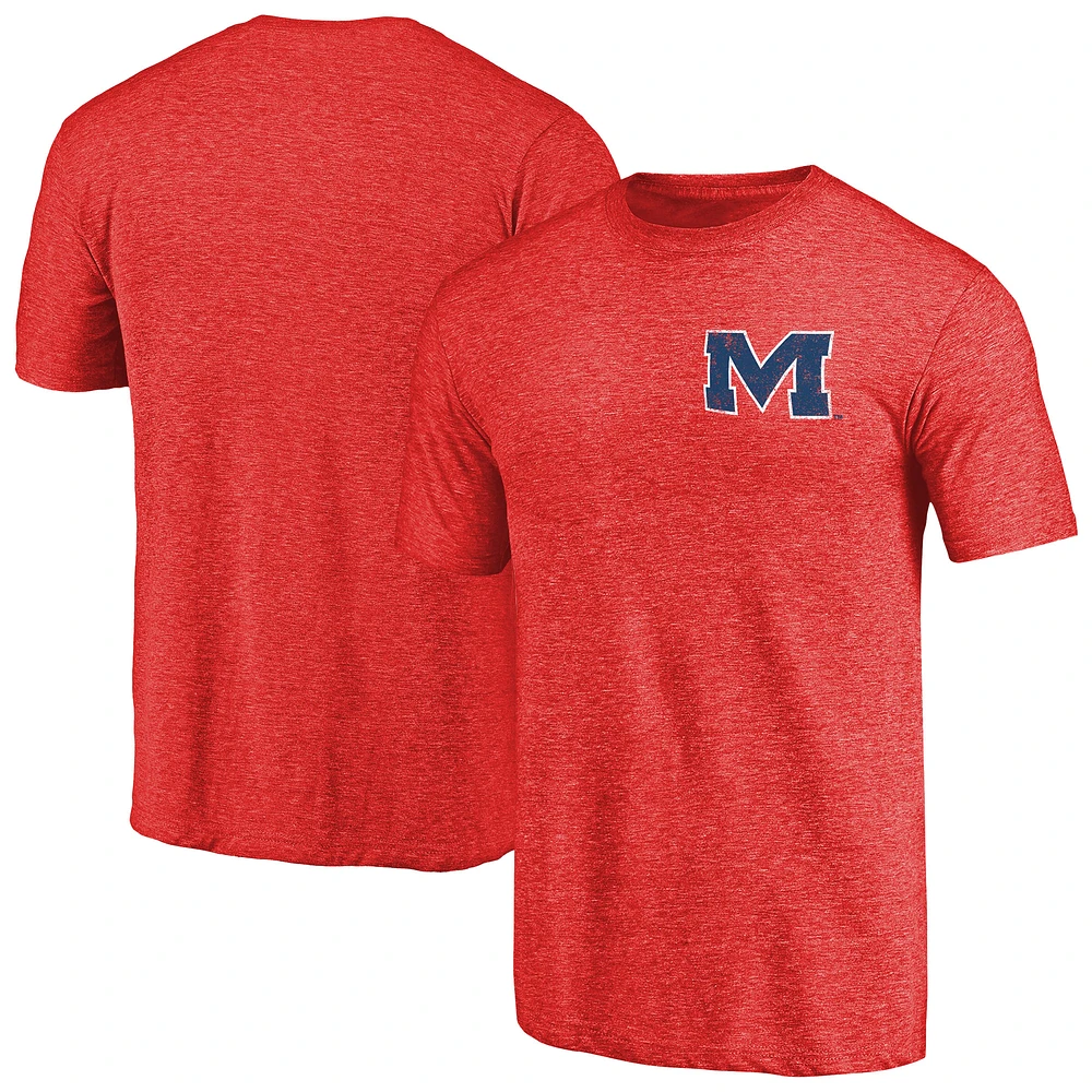 Men's Red Heather Mississippi Ole Miss Left Chest Distressed Logo Tri-Blend T-Shirt