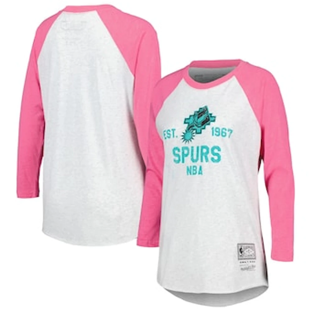 Women's Mitchell & Ness Heather Gray/Pink San Antonio Spurs Hardwood Classics Est. 1967 Raglan 3/4-Sleeve T-Shirt