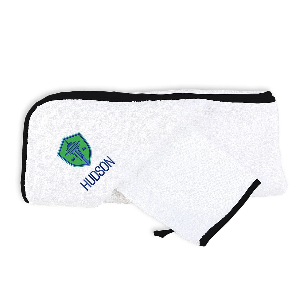 Infant White Seattle Sounders FC Personalized Hooded Towel & Mitt Set