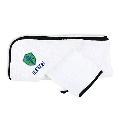 Infant White Seattle Sounders FC Personalized Hooded Towel & Mitt Set