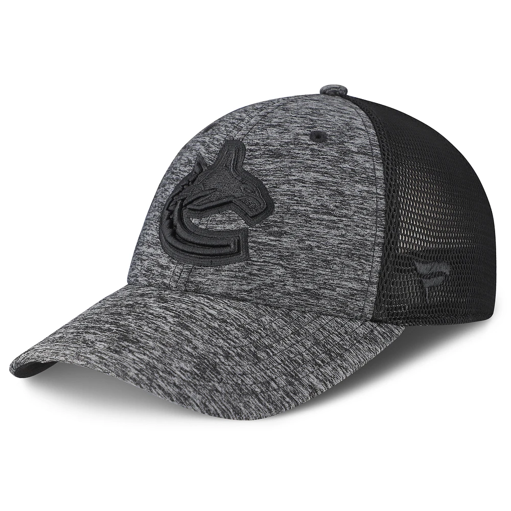 Men's Fanatics Heathered Black/Black Vancouver Canucks Authentic Pro Training & Travel Trucker Flex Hat