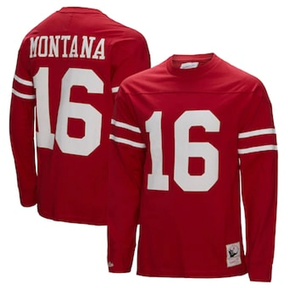 Men's Mitchell & Ness Joe Montana Scarlet San Francisco 49ers Throwback Retired Player Name Number Long Sleeve Top