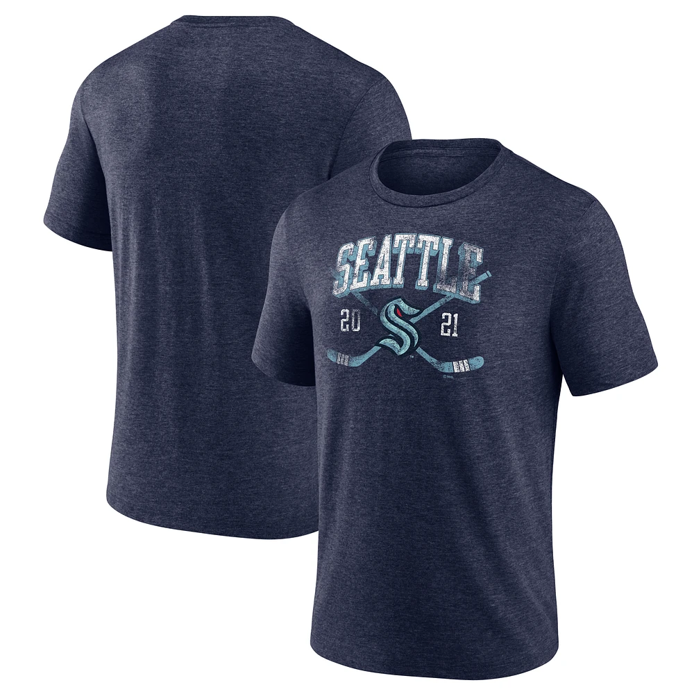 Men's Fanatics Heather Navy Seattle Kraken Line Shift Tri-Blend T-Shirt