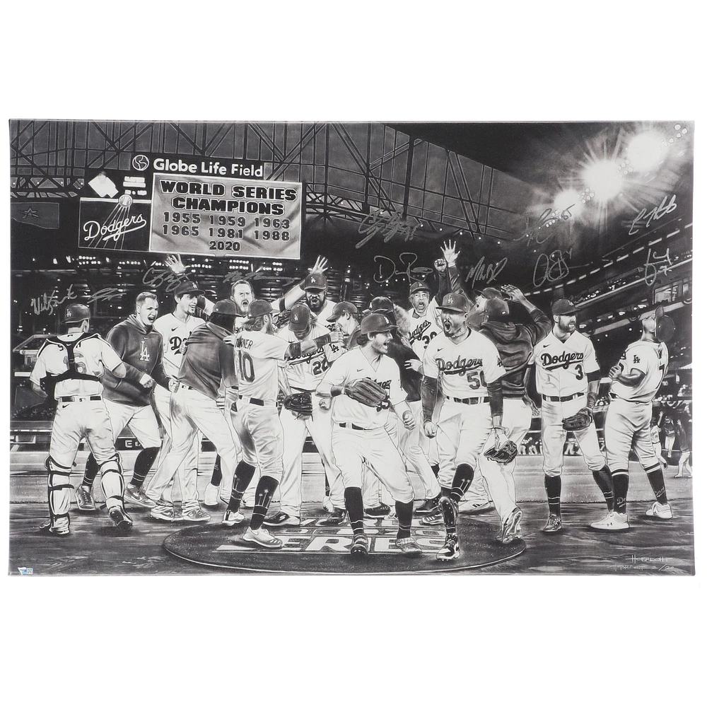 Los Angeles Dodgers Autographed Stretched 27" x 40" 2020 MLB World Series Champions Canvas with at least 12 signatures - Art by Dave Hobrecht - Limited Edition of 20