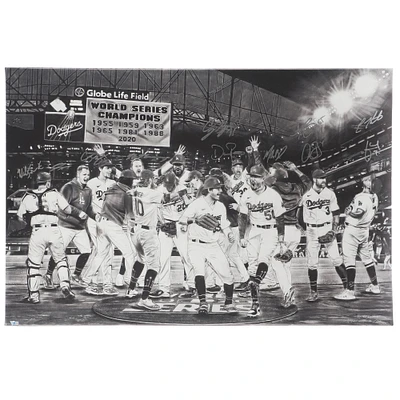 Los Angeles Dodgers Autographed Stretched 27" x 40" 2020 MLB World Series Champions Canvas with at least 12 signatures - Art by Dave Hobrecht - Limited Edition of 20
