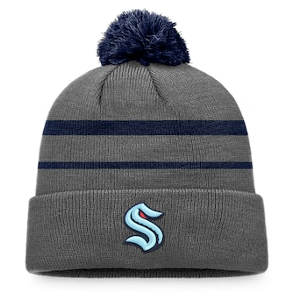 Men's Fanatics Charcoal/Deep Sea Blue Seattle Kraken Cuffed Knit Hat with Pom