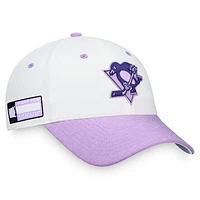 Men's Fanatics White/Purple Pittsburgh Penguins 2022 Hockey Fights Cancer Authentic Pro Snapback Hat