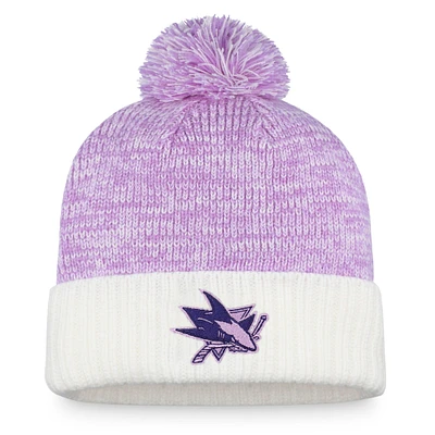 Men's Fanatics White/Purple San Jose Sharks 2022 Hockey Fights Cancer Authentic Pro Cuffed Knit Hat with Pom