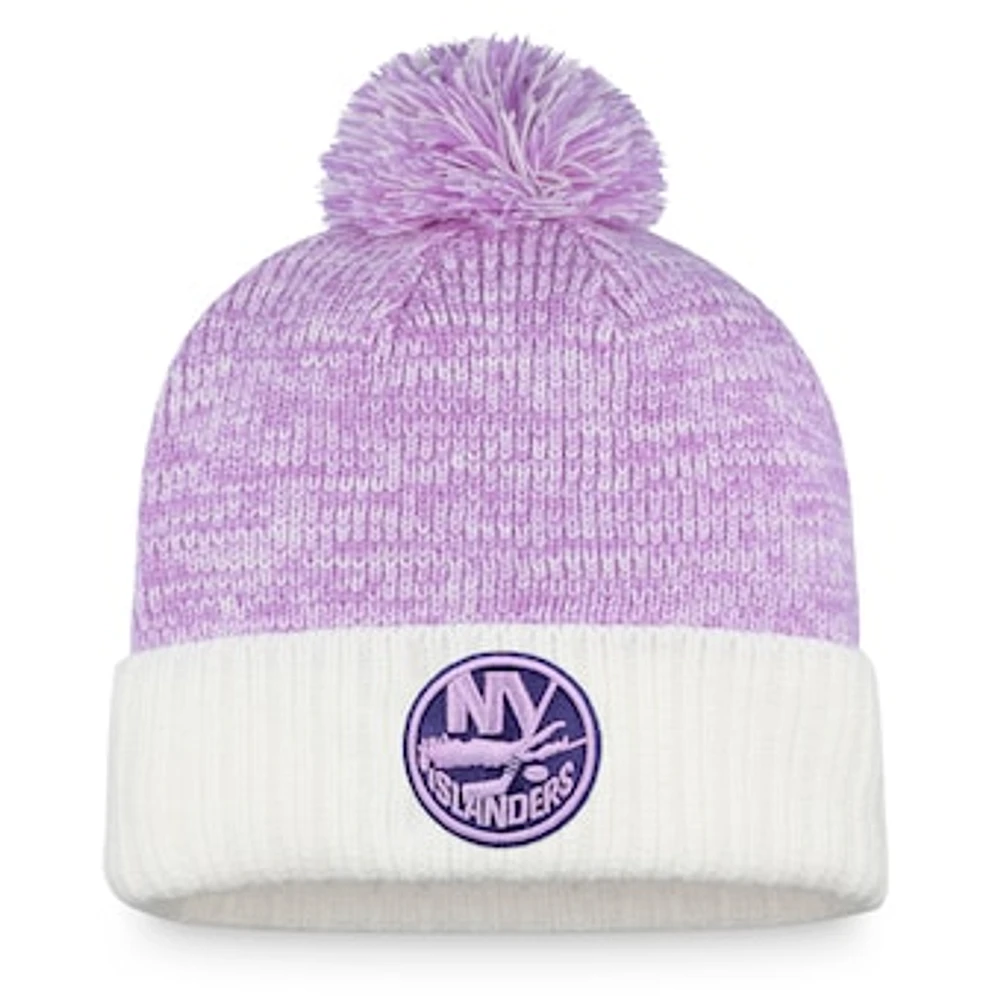 Men's Fanatics White/Purple New York Islanders 2022 Hockey Fights Cancer Authentic Pro Cuffed Knit Hat with Pom