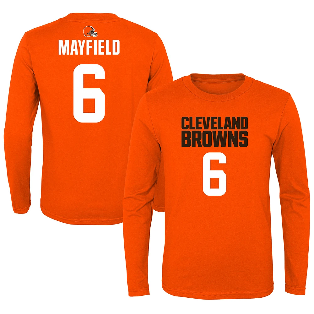 Youth Baker Mayfield Orange Cleveland Browns Mainliner Player Name & Number Long Sleeve T-Shirt