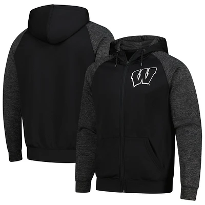 Men's Colosseum Black Wisconsin Badgers Blackout 3.0 Tonal Raglan Full-Zip Hoodie