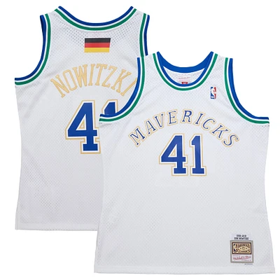 Men's Mitchell & Ness Dirk Nowitzki White Dallas Mavericks 1998/2019 Hardwood Classics German Flag Swingman Jersey