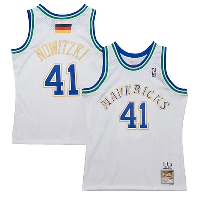 Men's Mitchell & Ness Dirk Nowitzki White Dallas Mavericks 1998/2019 Hardwood Classics German Flag Swingman Jersey