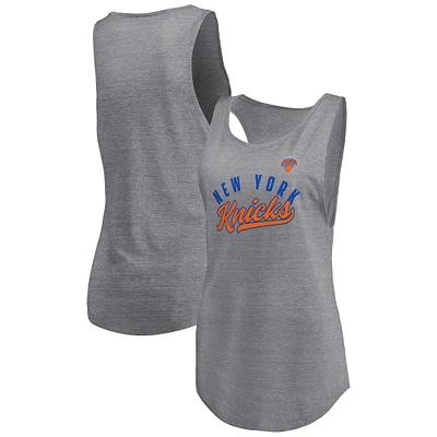 Women's Fanatics Heathered Gray New York Knicks Quality Time Open Scoop Neck Tri-Blend Tank Top