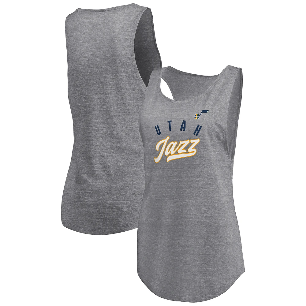 Women's Fanatics Heathered Gray Utah Jazz Quality Time Open Scoop Neck Tri-Blend Tank Top