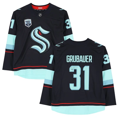 Philipp Grubauer Seattle Kraken Autographed Deep Sea Blue Fanatics Breakaway Jersey with Inaugural Season Jersey Patch