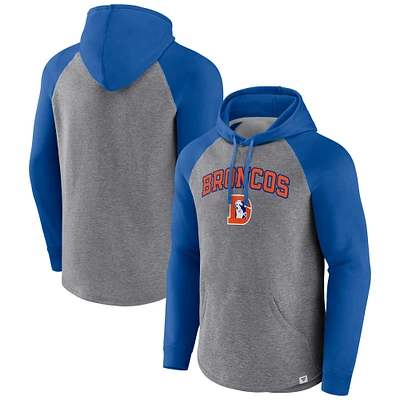 Men's Fanatics Heather Gray/Royal Denver Broncos By Design Raglan Pullover Hoodie