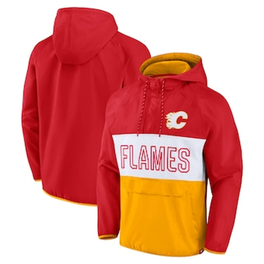 Men's Fanatics Red/Gold Calgary Flames Backhand Shooter Defender Anorak Raglan Hoodie Quarter-Zip Jacket