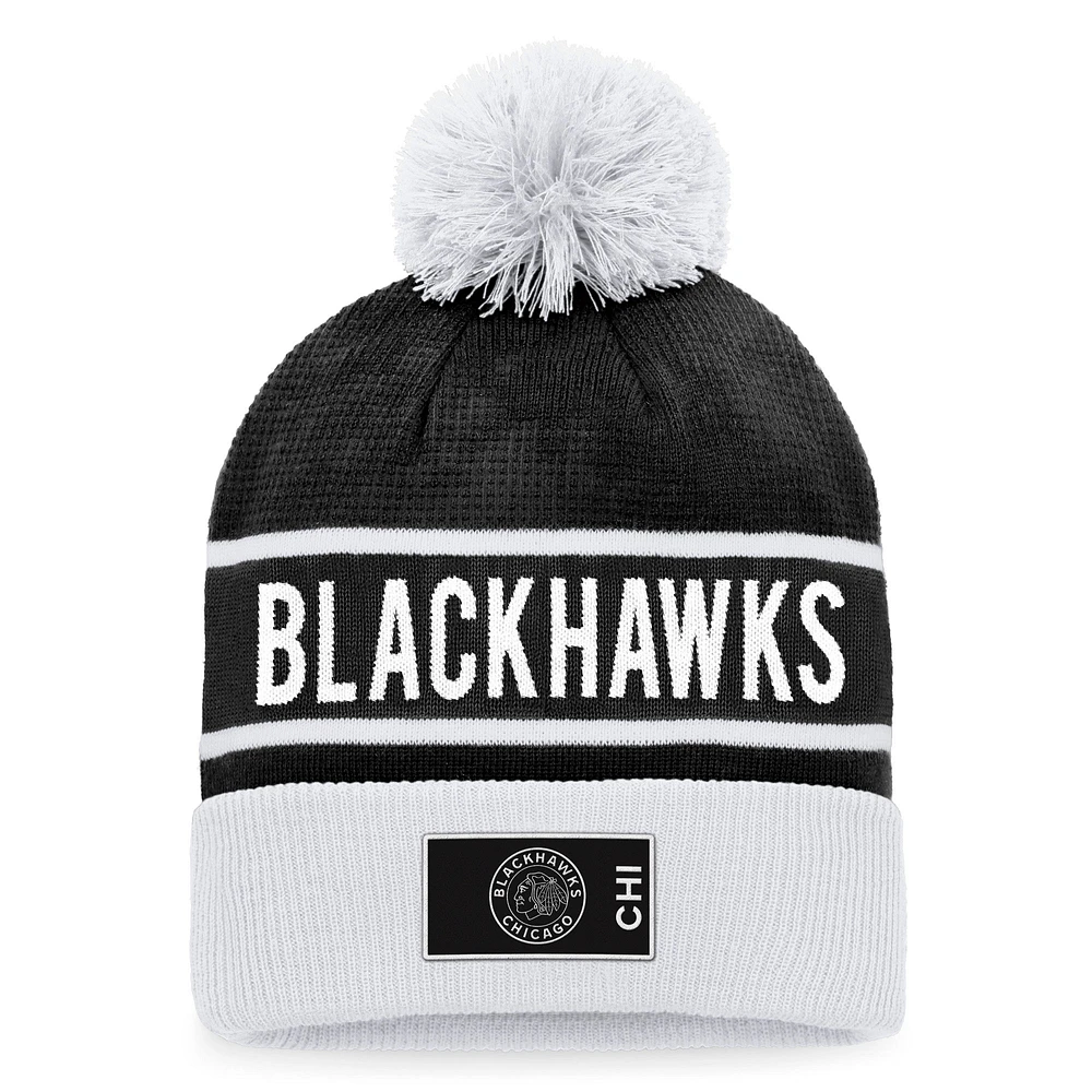 Men's Fanatics Black/White Chicago Blackhawks Authentic Pro Alternate Logo Cuffed Knit Hat with Pom