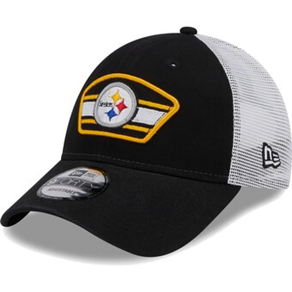 Men's New Era Black/White Pittsburgh Steelers Logo Patch Trucker 9FORTY Snapback Hat