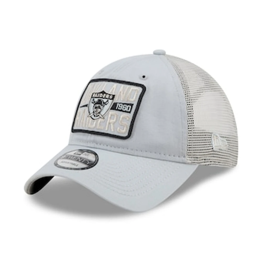 Men's New Era Silver/Natural Oakland Raiders Historic Logo Devoted Trucker 9TWENTY Snapback Hat