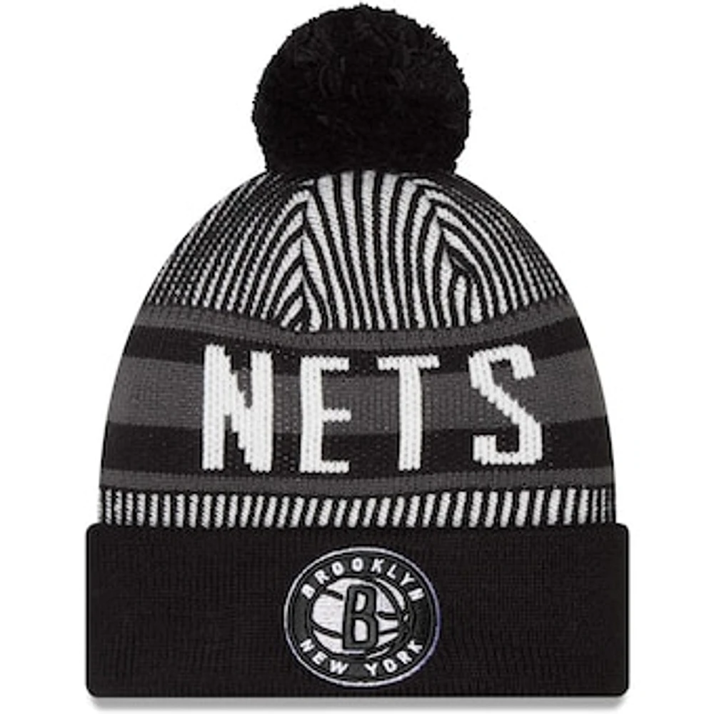 Men's New Era Black Brooklyn Nets Striped Cuffed Pom Knit Hat