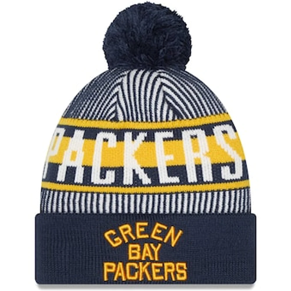 Men's New Era Navy Green Bay Packers Striped Cuffed Knit Hat with Pom