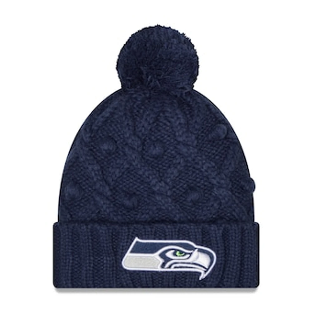 Girls Youth New Era College Navy Seattle Seahawks Toasty Cuffed Knit Hat with Pom