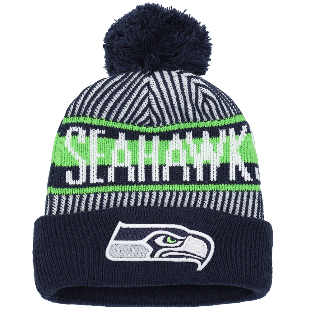 Youth New Era College Navy Seattle Seahawks Striped Cuffed Knit Hat with Pom