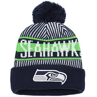 Youth New Era College Navy Seattle Seahawks Striped Cuffed Knit Hat with Pom