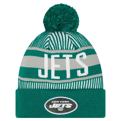 Youth New Era Green New York Jets Striped  Cuffed Knit Hat with Pom