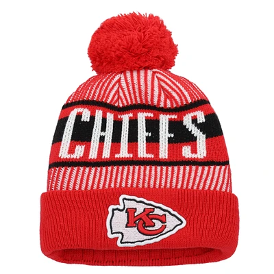 Youth New Era Red Kansas City Chiefs Striped  Cuffed Knit Hat with Pom