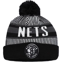 Youth New Era  Black Brooklyn Nets Stripe Cuffed Knit Hat with Pom