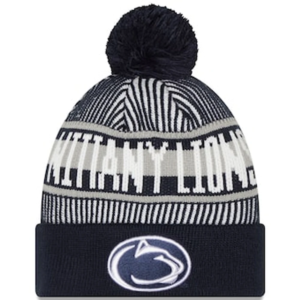 Men's New Era  Navy Penn State Nittany Lions Logo Striped Cuff Knit Hat with Pom