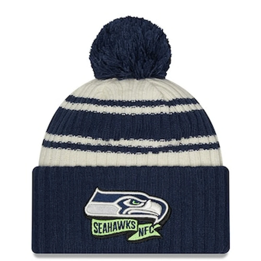 Youth New Era Cream/College Navy Seattle Seahawks 2022 Sideline Sport Cuffed Pom Knit Hat