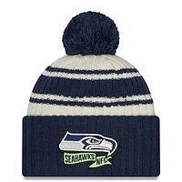 Youth New Era Cream/College Navy Seattle Seahawks 2022 Sideline Sport Cuffed Pom Knit Hat