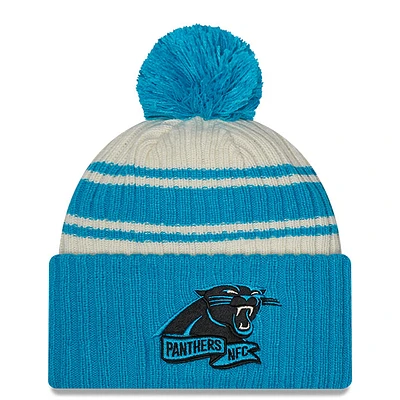 Men's New Era Cream/Blue Carolina Panthers 2022 Sideline - Sport Cuffed Pom Knit Hat