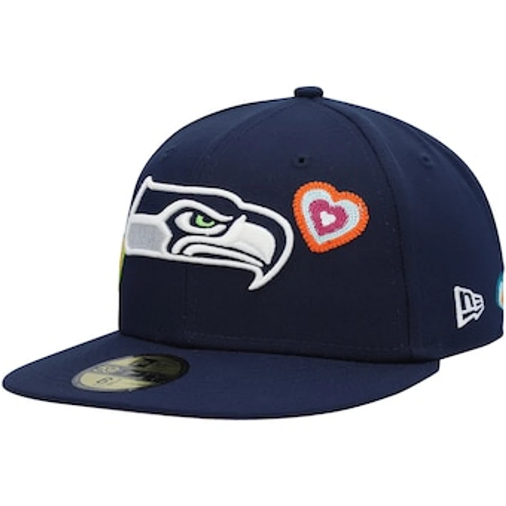 Men's New Era College Navy Seattle Seahawks Chain Stitch Heart 59FIFTY Fitted Hat