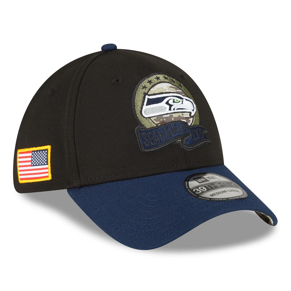 Men's New Era Black/Navy Seattle Seahawks 2022 Salute To Service 39THIRTY Flex Hat