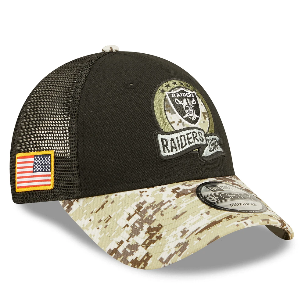 Men's New Era Black/Camo Las Vegas Raiders 2022 Salute To Service 9FORTY Snapback Trucker Hat