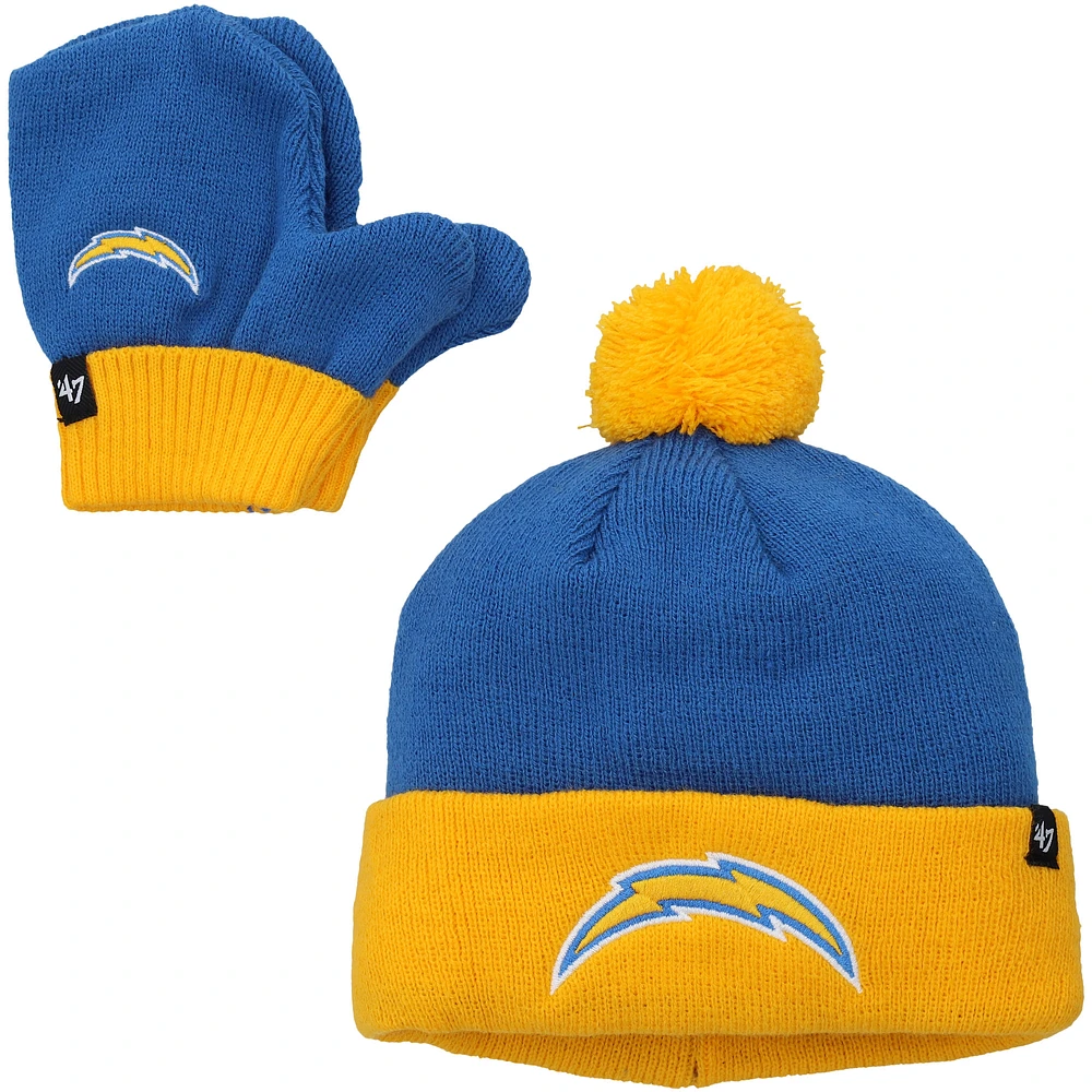 Toddler '47  Powder Blue/Gold Los Angeles Chargers Bam Bam Cuffed Knit Hat with Pom & Mittens Set