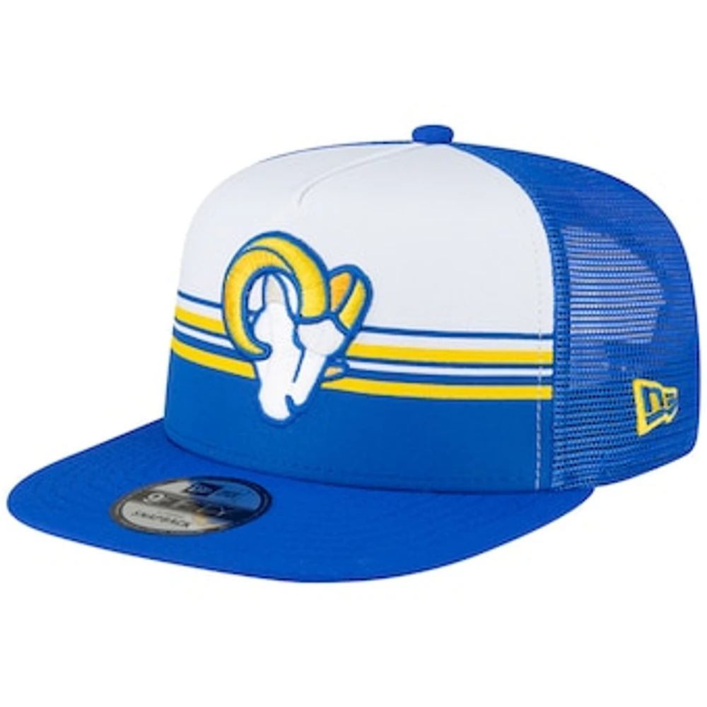 Men's New Era White/Royal Los Angeles Rams Striped A-Frame 9FIFTY Trucker Snapback Hat