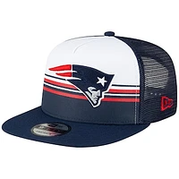 Men's New Era White/Navy New England Patriots Striped A-Frame 9FIFTY Trucker Snapback Hat