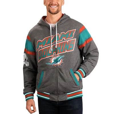 Men's G-III Sports by Carl Banks Gray/Aqua Miami Dolphins Extreme Full Back Reversible Hoodie Full-Zip Jacket