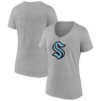 Women's Fanatics Heathered Gray Seattle Kraken Primary Logo Team V-Neck T-Shirt