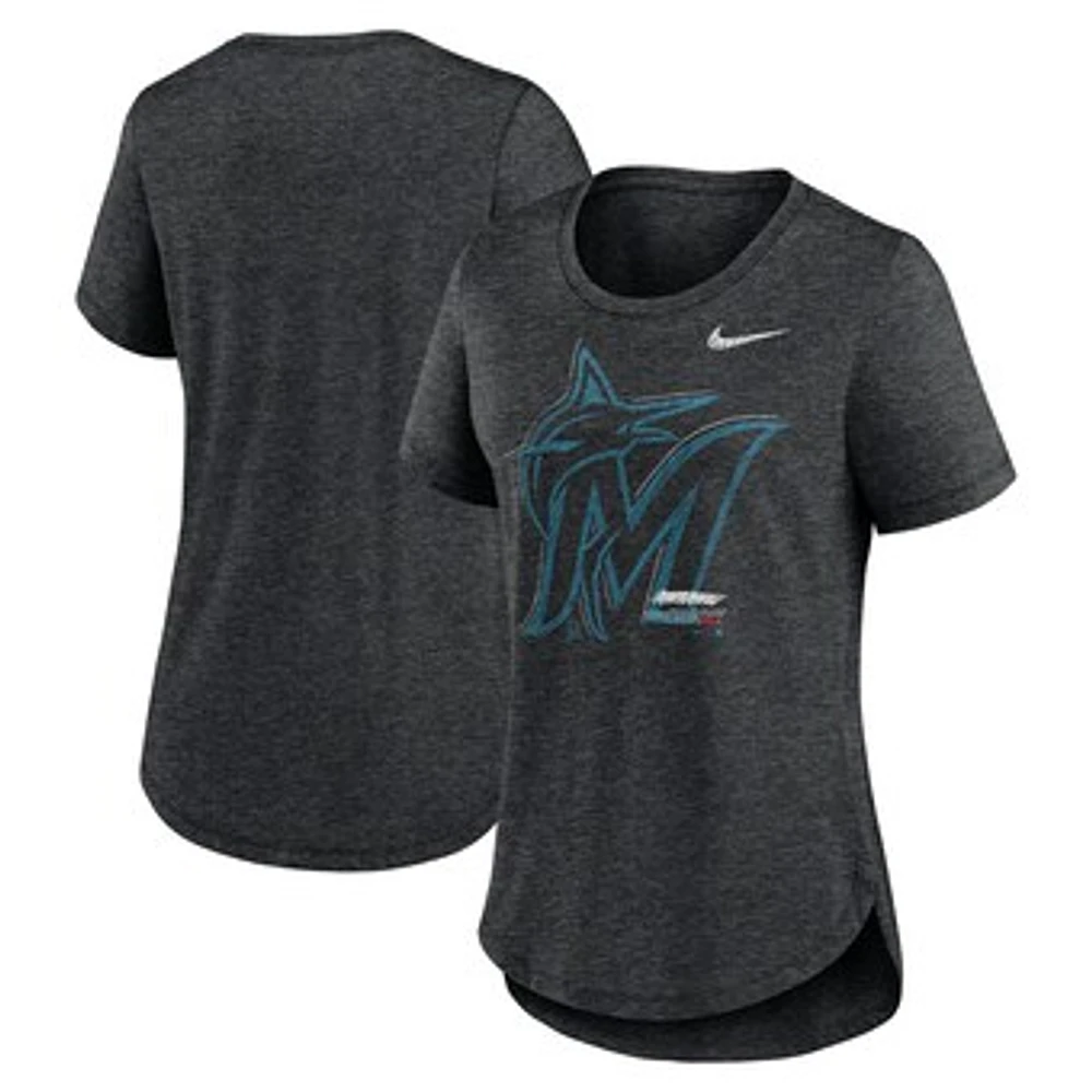 Women's Nike  Heather Black Miami Marlins Touch Tri-Blend T-Shirt