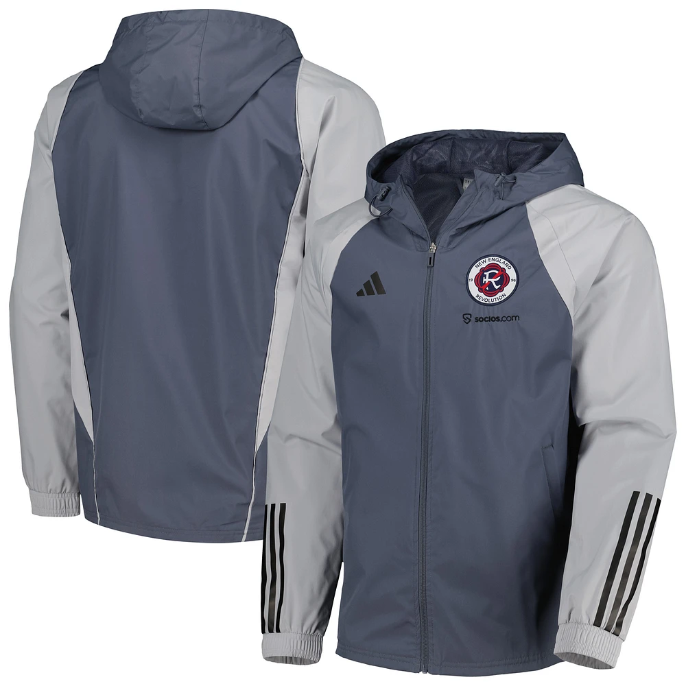 Men's adidas Charcoal New England Revolution All-Weather Raglan Hoodie Full-Zip Jacket