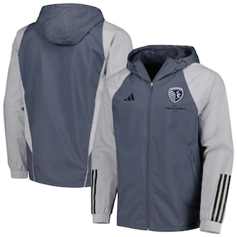 Men's adidas Charcoal Sporting Kansas City All-Weather Raglan Hoodie Full-Zip Jacket